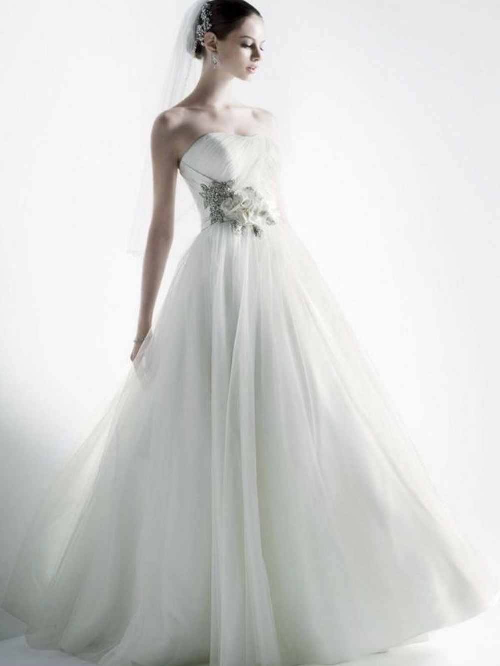 Oleg Cassini Strapless White Bridal Ball Gown with Floral Appliqué